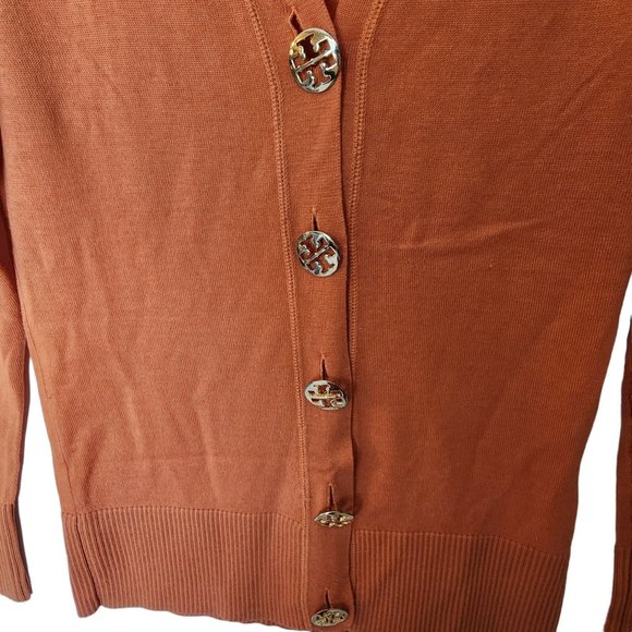 Tory Burch Boyfriend Simone Cardigan Orange 100% Wool XS Logo Buttons‎ - Picture 8 of 16